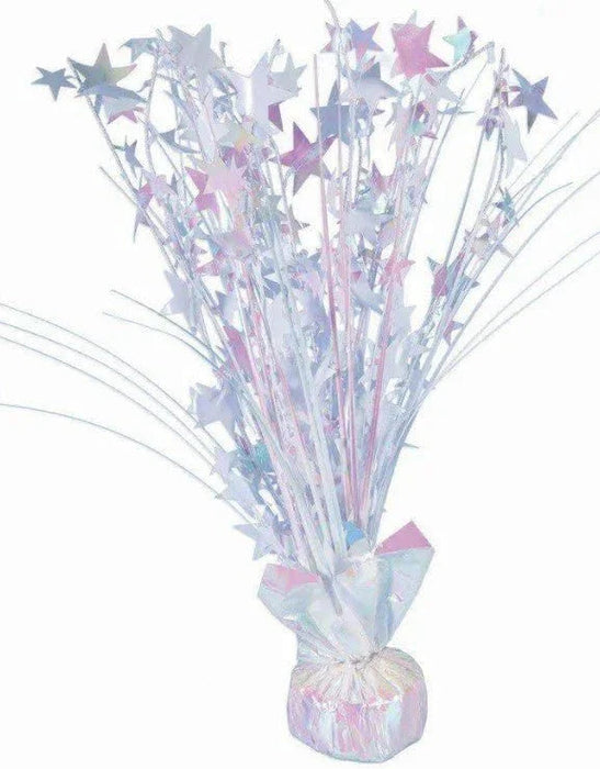 Iridescent cascade balloon weight featuring purple, pink, and blue star-shaped toppers on clear cascading strands with a weighted base.