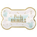 Bone-shaped paper plate with gold trim and "Paw-tly Animals" text in gold glitter lettering, featuring light blue watercolor paw prints and confetti designs on white background.