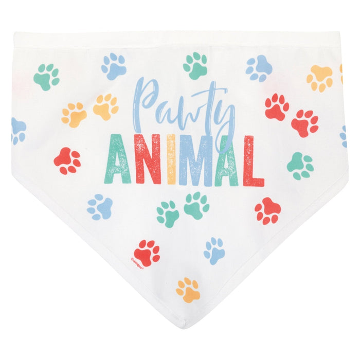 White triangular dog bandana with colorful paw prints in blue, green, yellow, and red surrounding multicolored text reading "Party Animal.