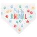 White triangular dog bandana with colorful paw prints in blue, green, yellow, and red surrounding multicolored text reading "Party Animal.