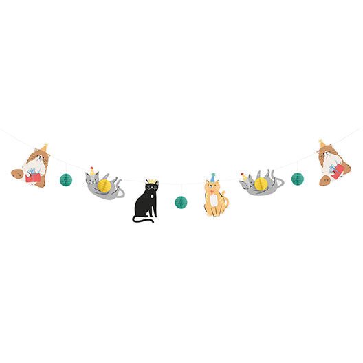 Colorful paper garland banner featuring alternating cute cat and kitten illustrations in gray bowls, green honeycomb balls, and orange paw-print decorated bells arranged in a horizontal line.