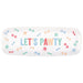 White rectangular serving tray with colorful text reading "LET'S PAWTY" surrounded by illustrations of paw prints, dog bones, and yarn balls in blue, green, pink, orange, and red.