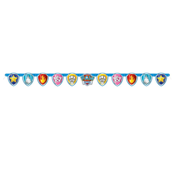 Decorative banner with colorful shield designs on a white background