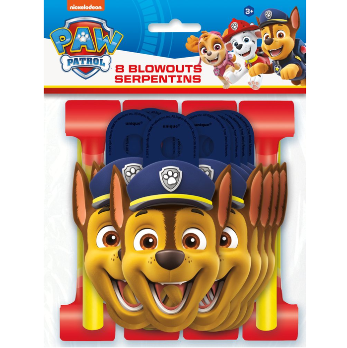 PAW Patrol package containing 8 serpentine blowouts featuring Chase the German Shepherd character with his police hat, designed for ages 3 and up.