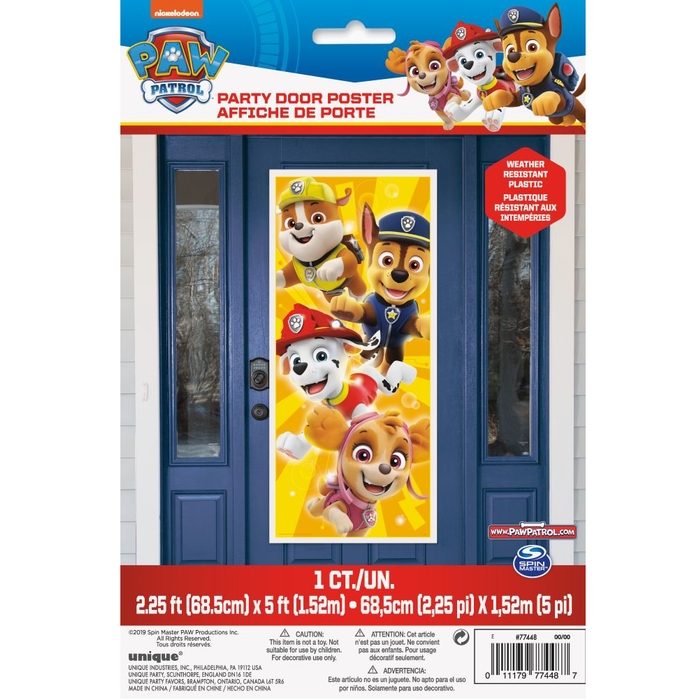 PAW Patrol party door poster featuring four smiling cartoon puppies in police uniforms on a bright yellow background, measuring 5 feet by 2.25 feet, weather-resistant plastic material.