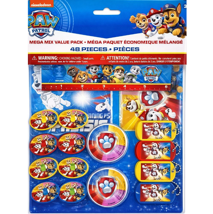 Paw Patrol toy mega mix value pack with various characters and items on a blue background