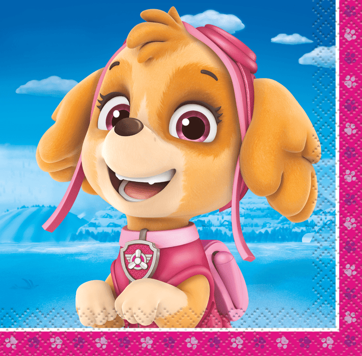 Pack of 16 beverage napkins featuring an orange and white puppy character with pink accessories and paw print designs on a blue sky background.