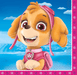 Pack of 16 beverage napkins featuring an orange and white puppy character with pink accessories and paw print designs on a blue sky background.