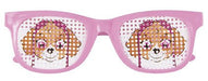 Pink novelty glasses with cartoon puppy faces featuring brown checkered patterns and decorative details on the lenses.