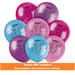 Eight colorful latex balloons featuring Paw Patrol characters in pink, purple, and blue with paw print designs and "Paw Patrol" text printed on each balloon.