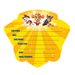 Yellow shield-shaped party invitation cards featuring three cartoon pups in uniforms with blank lines for event details like date, time, and location.