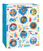 White gift bag with blue sides featuring seven cartoon dog characters in circular badges surrounded by colorful geometric shapes, lines, and rescue-themed icons including vehicles and equipment.