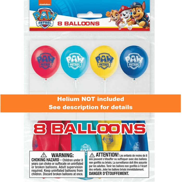 Paw Patrol 8-count latex balloon pack featuring four different colors: red, cyan, yellow, and dark blue, each printed with the Paw Patrol shield logo.