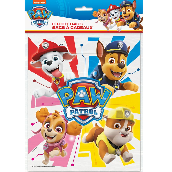 Paw Patrol loot bag package featuring eight colorful bags with cartoon dog characters in red, blue, pink, and yellow designs and the PAW Patrol logo shield.