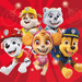 Five cartoon characters from Paw Patrol on a red background