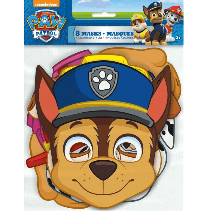 Paw Patrol 8-mask set featuring a large die-cut Chase character mask with tan face, brown ears, blue police cap with paw print badge, and elastic strap, with colorful additional mask designs visible behind it.