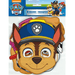 Paw Patrol 8-mask set featuring a large die-cut Chase character mask with tan face, brown ears, blue police cap with paw print badge, and elastic strap, with colorful additional mask designs visible behind it.