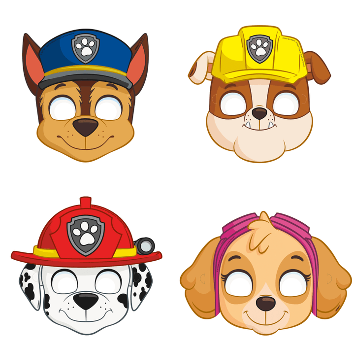 Four colorful character masks featuring dogs wearing rescue uniforms and helmets, each with white eye holes and printed facial features in yellow, red, and purple accents.