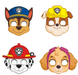 Four colorful character masks featuring dogs wearing rescue uniforms and helmets, each with white eye holes and printed facial features in yellow, red, and purple accents.