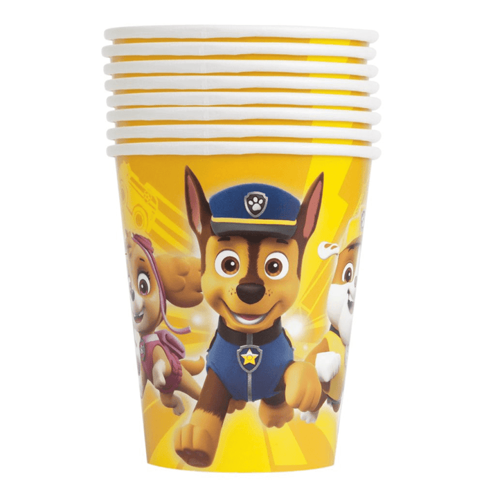 Stack of eight yellow paper cups with cartoon dog characters wearing blue uniforms and hats, featuring gold trim around the rim.