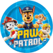 Blue circular paper plate featuring Paw Patrol characters including Chase, Marshall, and Skye with the yellow "PAW PATROL" logo prominently displayed in the center.