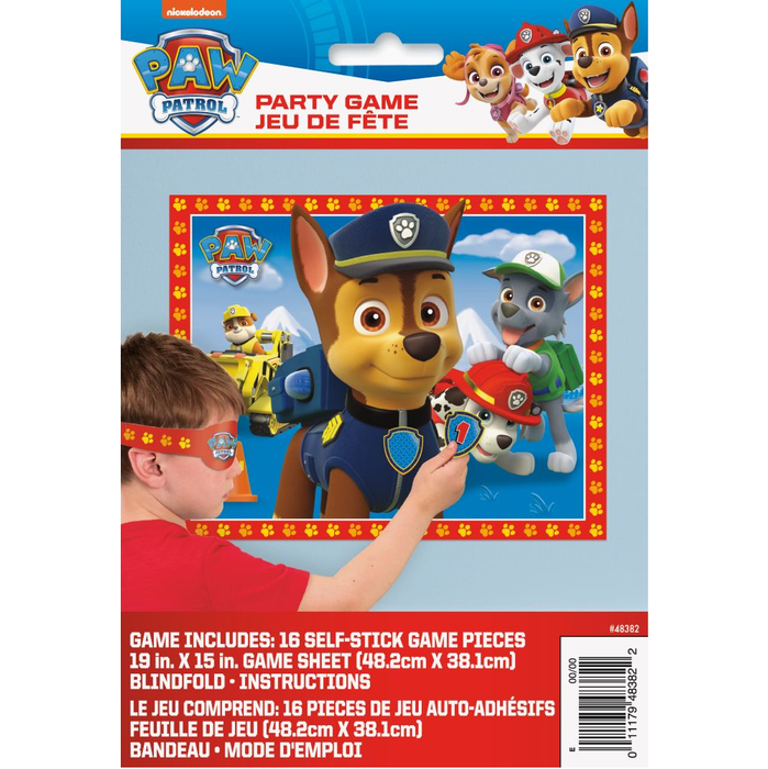 Paw Patrol party game packaging with characters and game components.