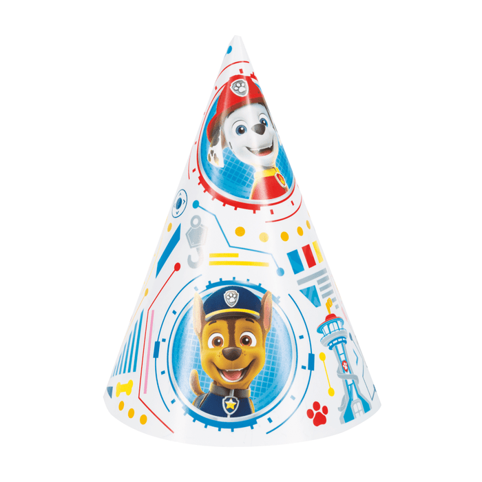 Cone-shaped party hat featuring two cartoon pups in circular windows with space-themed graphics including rockets, stars, and colorful design elements on white background.