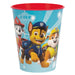 Light blue plastic cup with red interior rim featuring four cartoon puppies in police and firefighter uniforms against a sky background with a tower.