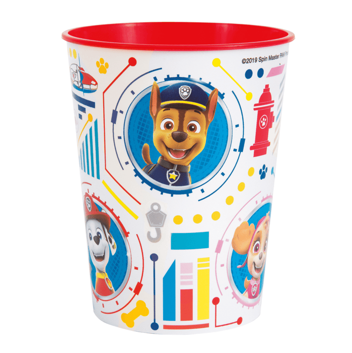 Red and white plastic cup featuring Paw Patrol characters including a German Shepherd in a blue police uniform centered on front, with colorful decorative elements and paw print designs throughout.