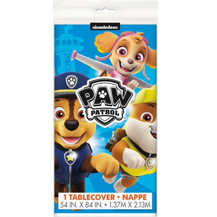 Paw Patrol plastic tablecover packaging featuring cartoon puppies in uniforms on a blue background, sized 54 inches by 84 inches, containing one tablecover.