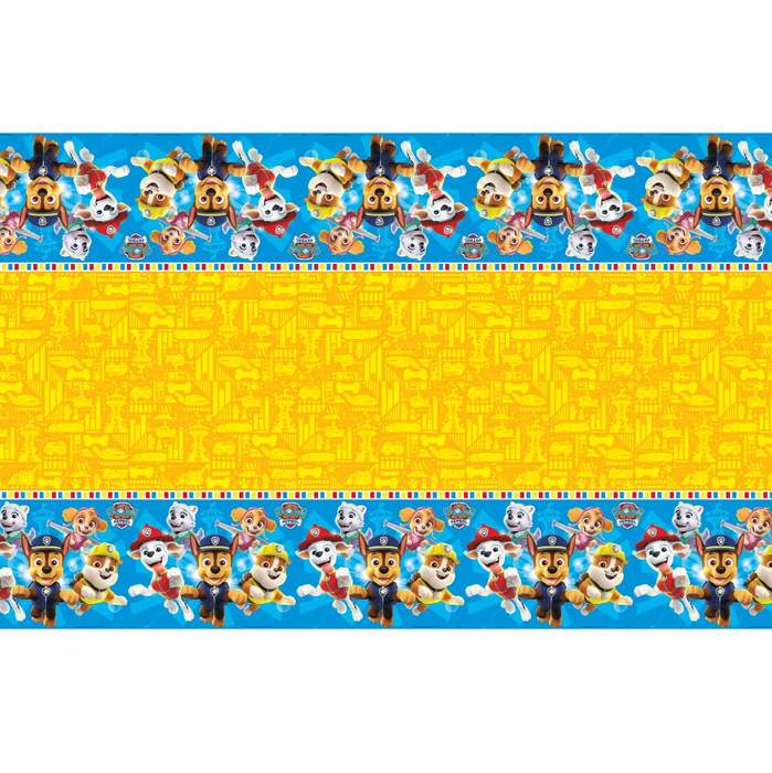Blue and yellow plastic tablecover featuring repeating rows of cartoon pups in firefighter and police uniforms against a sky background, measuring 54 by 84 inches.