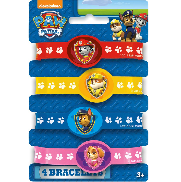 Four colorful stretchy bracelets with paw print patterns and character shield medallions in red, yellow, blue, and pink, displayed on blue packaging labeled "4 Bracelets" for ages three and up.