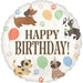 Round white mylar balloon with "Happy Birthday!" text in brown letters, decorated with four colorful dogs wearing party hats, colorful balloons, and paw prints throughout.
