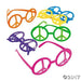 Six pairs of novelty peace sign glasses in orange, yellow, blue, green, purple, and pink arranged in rows.