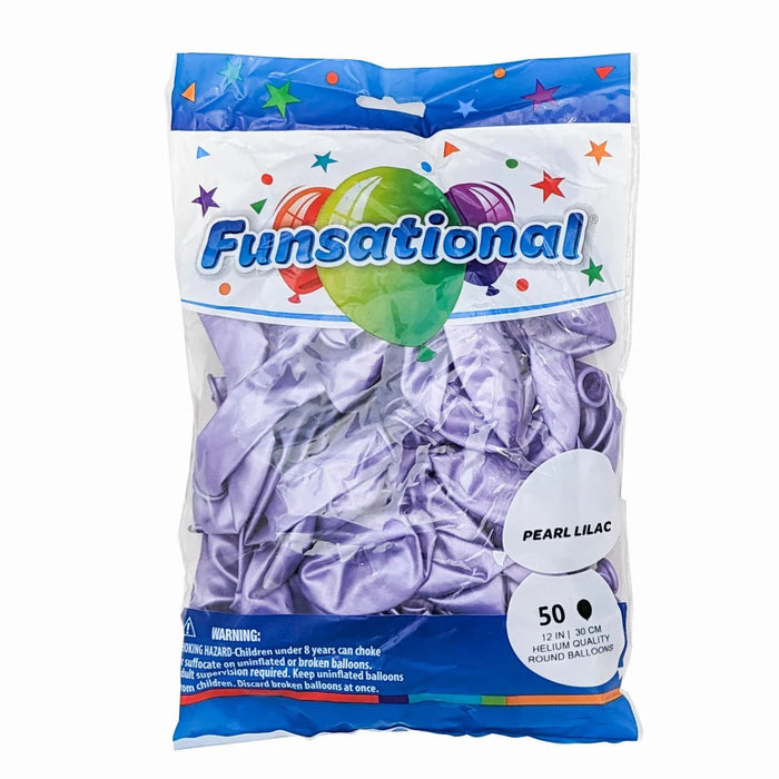Bag of 50 pearl lilac round latex balloons, 12 inches, with colorful balloon and star graphics on white and blue packaging.