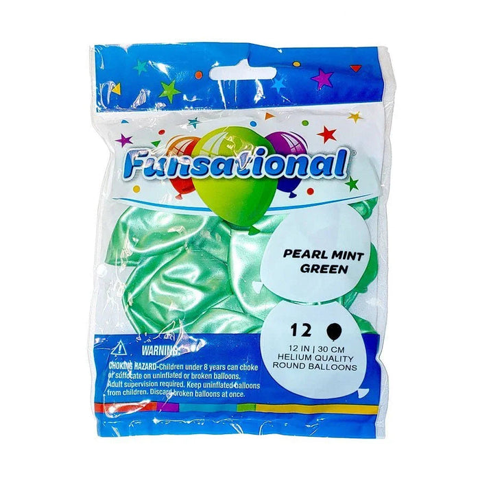 Funsational brand package of 12 pearl mint green 12-inch helium quality round latex balloons with colorful hot air balloon logo and safety warning label on white and blue packaging.