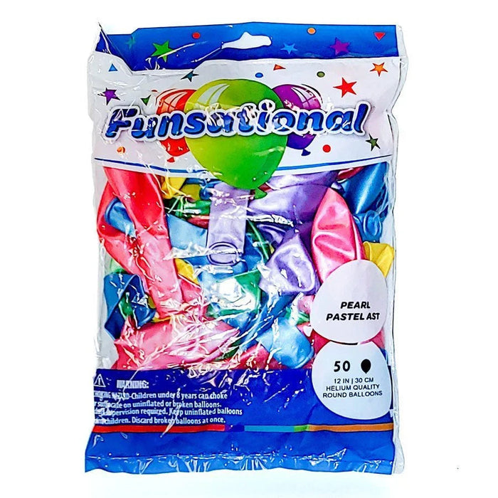 Package of 50 pearl pastel latex balloons in assorted colors including pink, blue, purple, and yellow, 12 inches in size, with colorful balloon graphics and stars on the white and blue packaging.