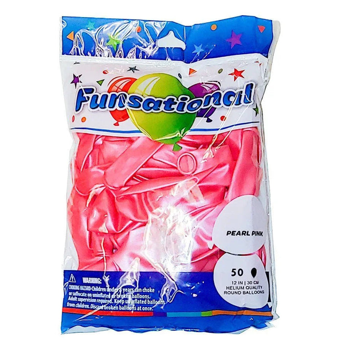 Package of 50 pearl pink 12-inch helium-quality latex balloons with colorful star and confetti designs on the white and blue packaging.