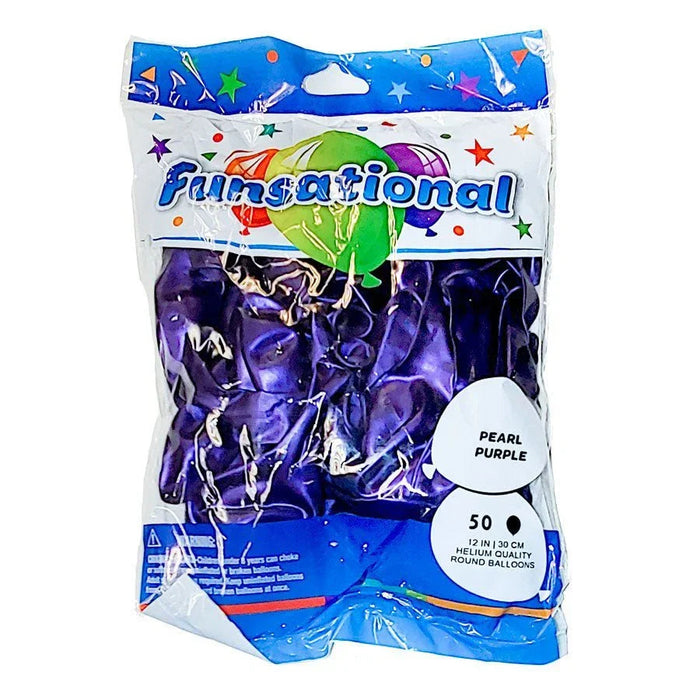 Package of 50 pearl purple 12-inch round latex balloons with colorful party-themed graphics and blue packaging.