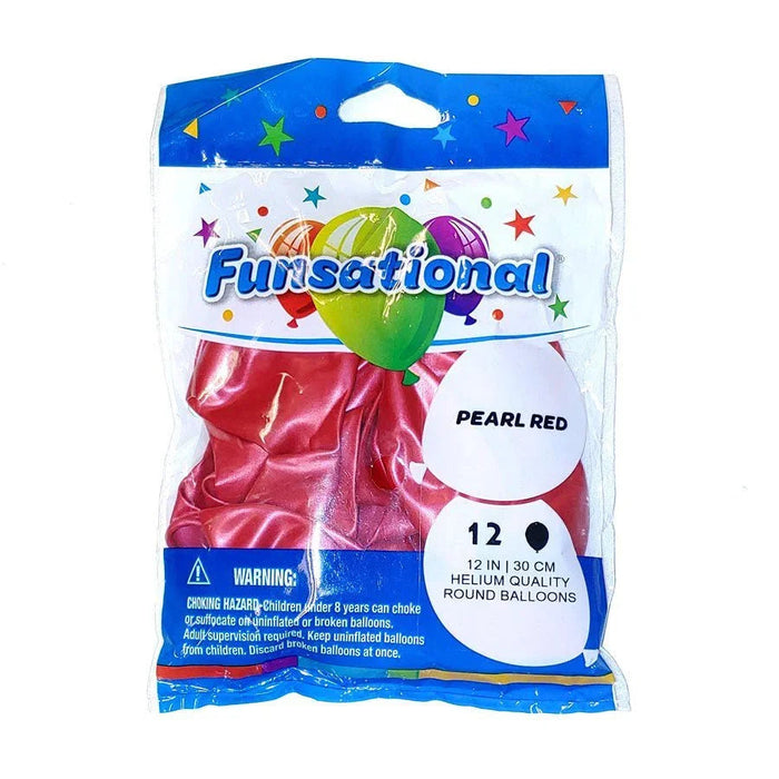 Funsational brand package of 12 pearl red 12-inch helium quality round latex balloons with colorful stars and balloons on blue and white packaging.