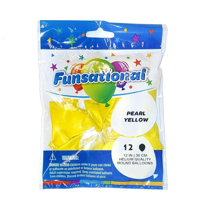 Package of 12 pearl yellow round latex balloons measuring 12 inches, displayed in a clear plastic bag with colorful festive branding and a choking hazard warning label.