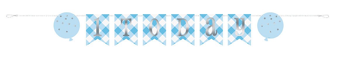Blue gingham argyle pennant banner with six triangular flags strung together, flanked by two blue polka dot balloons on a white background.