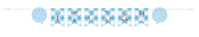 Blue gingham argyle pennant banner with six triangular flags strung together, flanked by two blue polka dot balloons on a white background.