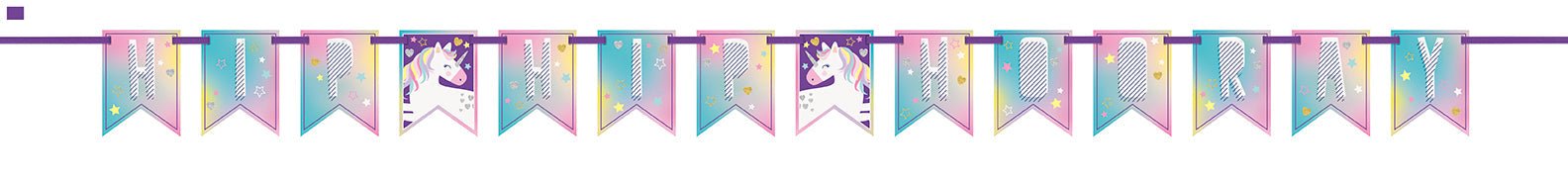 A string of colorful pennant banners approximately 7 feet long featuring alternating turquoise, pink, and yellow flag-shaped bunting with unicorn designs and decorative patterns.