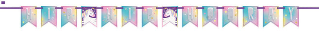 A string of colorful pennant banners approximately 7 feet long featuring alternating turquoise, pink, and yellow flag-shaped bunting with unicorn designs and decorative patterns.