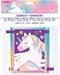 Unicorn pennant banner measuring 7 feet long featuring colorful triangular flags in pink, purple, and teal with rainbow and unicorn designs.