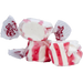 Red and white striped salt water taffy candies with wrapped ends and printed labels, arranged in a pile showing multiple pieces.