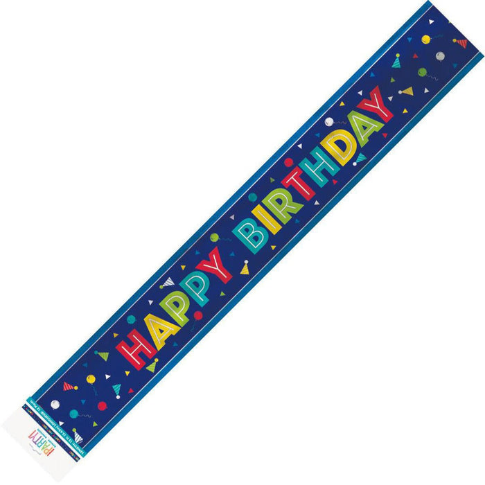 Colorful "Happy Birthday" banner with neon-style letters in red, yellow, and green on a dark blue background decorated with confetti and balloons.