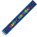 Colorful "Happy Birthday" banner with neon-style letters in red, yellow, and green on a dark blue background decorated with confetti and balloons.