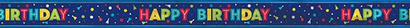 Colorful 12-foot birthday banner featuring repeating "Happy Birthday" text in rainbow letters on a dark blue background with confetti and star designs.